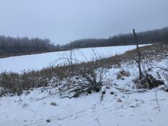 a field covered in snow next to a frozen lake with trees on the other side