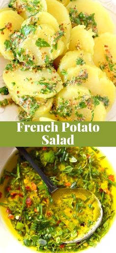 french potato salad in a white bowl with a spoon on the side and another image of pasta