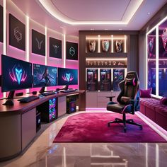 a gaming room with multiple monitors and desks