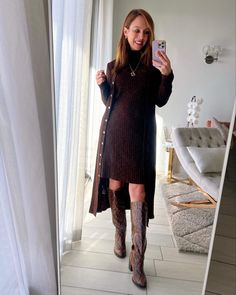 Sydne Style shows how to wear a ribbed cardigan and mini dress with knee high boots Dress With Knee High Boots