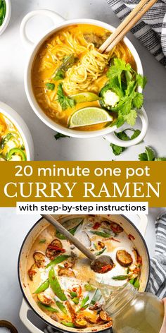 the cover of 20 minute one pot curry ramen with step - by - step instructions