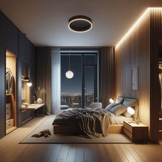 a bedroom with wooden floors and large windows overlooking the city lights shine brightly on the bed