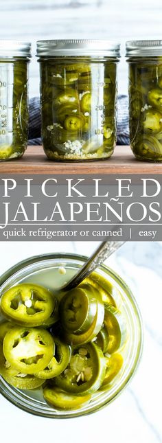 pickled jalapenos in jars on a wooden shelf with text overlay