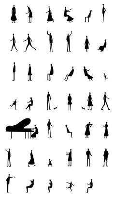 silhouettes of people and animals in various poses, with one person standing next to the piano