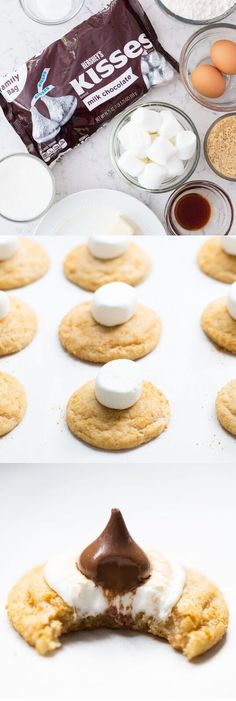 cookies with marshmallows and chocolate on top are ready to go into the oven