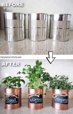 two tin can planters with plants in them and the words paint your apartment into one