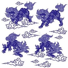 blue and white chinese paper cut art with lions on clouds in the sky, set of four