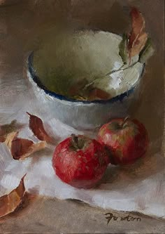 an oil painting of apples and leaves in a bowl