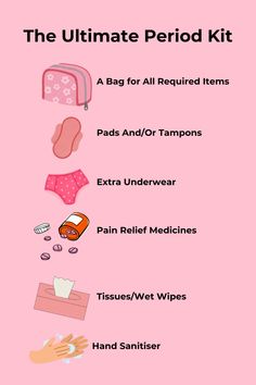 All Period Essentials girls need with themselves at all times #periodkit #periodtips #periodhacks #lifehacks #adviceforgirls #personalhygiene #itgirlaesthetic #hygieneproducts #hygienetipsfeminine Tips For Your Period At School, School Period Hacks, Things To Not Do On Your Period, Hacks For Periods, Cute Pads For Periods, Period School Tips, Things To Do During Period, How To Feel Good On Your Period, Period Essentials Kit