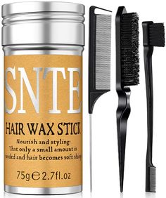 Slick Back Hair Brush, Wax Stick for Hair 4Pcs, Non-Greasy Hair Wax Stick for Flyaways & Wigs Hair Tamer Styling, Teasing Brush for Loose Hair, Rat Tail Combs for Separation, Edge Brush for Finishing Slick Back Hair, Edge Brush, Teasing Brush, Rat Tail Comb, Wax Stick, Tail Comb