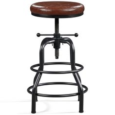 an adjustable stool with wooden seat and black metal frame, viewed from the front view