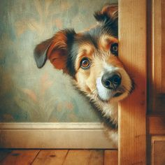 a brown and black dog peeking out from behind a door with its head sticking out