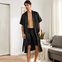 Material: 100% 19 Momme Luxury Mulberry Silk.
Style: Silk Robe For Men
Pocket: 2 Front Pockets
Sleeve Type: Short Sleeves
Closure: Open front with an outer attached silk belt.
Size: XS,S,M,L,XL,XXL Mens Silk Robe, Silk Bathrobe, Piping Design, Men Bodies, Silk Style, Silk Kimono Robe, Silk Robe, Satin Pajamas, Silk Kimono