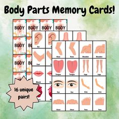 the body parts memory cards are shown in pink and green watercolors with text