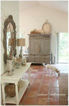 a dog standing in the middle of a room with a dresser and clock on the wall