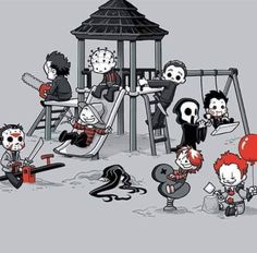 a group of cartoon characters playing on a playground with their faces painted black and white