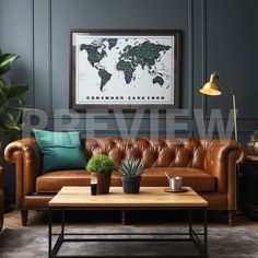 a living room with brown leather couches and green plants on the coffee table in front of it