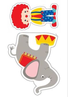 an elephant with a clown hat and other stickers on it's back,