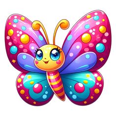 a colorful butterfly with big eyes on a white background