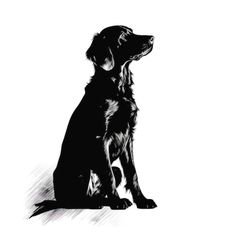 a black and white drawing of a dog sitting in front of a white background,