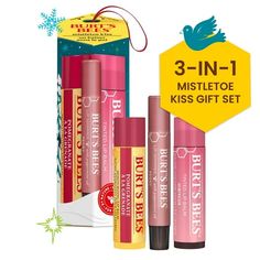 Stay mistletoe-ready with soft, bright and shimmery lips with the Burt's Bees Mistletoe Kiss Gift Set. Formulated with antioxidant-rich pomegranate oil, Burt's Bees Pomegranate lip balm hydrates and revitalizes your lips. The Hibiscus tinted lip balm is made using botanical waxes and shea butter, delivering 8 hours of moisture and a hint of flattering neutral color. Made with shea butter and antioxidant-rich fruit oils, Burt's Bees Peony Lip Shimmer offers a smooch of luminescent beige-mauve col Pomegranate Lip Balm, Lip Balm Tinted, Burt's Bees Pomegranate, Burt's Bees Lip Balm, Holiday Office Gifts, Burts Bees Lip Balm, Kiss Gift, Burts Bees Lip, Mistletoe Kiss