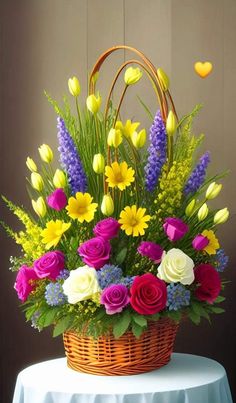 a basket filled with flowers sitting on top of a table