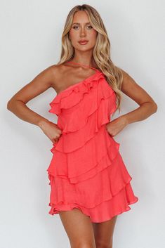 Arrabel Tiered Ruffle Mini Dress Watermelon Pleated Hoco Dress, Dress Summer 2024, Hoco Dresses Loose, Rush Dresses Sorority Recruitment, Usa Party Outfit, Fun Hoco Dresses, Mini Dress Hoco, Sorority Recruitment Outfits Rush Week, Mini Formal Dresses