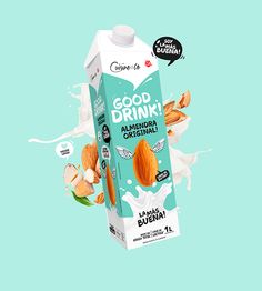 a carton of good drink with almonds and milk splashing out of it