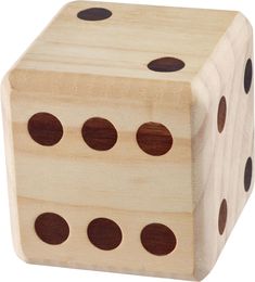 a wooden dice with six dots on it's sides and four holes in the middle