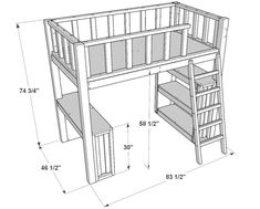 a drawing of a loft bed with stairs and ladders on the bottom level,