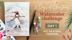 watercolor challenge day 1 ice skating penguin