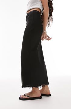 A gauzy mesh overlay lends eye-catching interest to this maxi skirt trimmed with lovely lace. 36" center front length (size TS-6) Lined 97% polyester, 3% elastane Machine wash, line dry Made in Turkey Topshop, Nordstrom, Mesh Maxi Skirt, Lace Trims, Mesh Overlay, Skirt Design, Lace Trim, Maxi Skirt, Matter