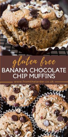 gluten free banana chocolate chip muffins stacked on top of each other