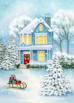 a painting of a house in the snow with a sleigh next to it