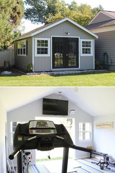 before and after photos of a home gym in the back yard with an open garage door