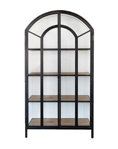 an arched glass display case with shelves on each side and wooden shelves in the middle