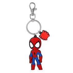 a spiderman keychain with a red ball on it