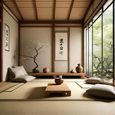 A cute zen styled living room with beige colors. Asian Living Room Designs, Japanese Yoga Studio, Japanese Interior Living Room, Japanese Zen Living Room, Zen Style Living Room, Japan House Interior, Zen Living Room Ideas, Japanese Zen Interior, Japan Living Room