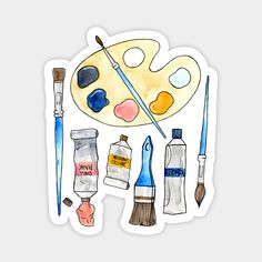 watercolor paint and brushes sticker on a white background