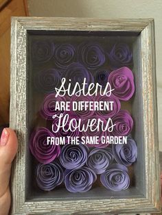 someone holding up a frame with paper flowers in it that says sisters are different flowers from the same garden