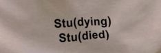 the word studying is written in black ink on a white shirt with writing underneath it