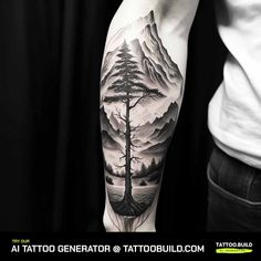 a man's arm with a tree and mountains on it