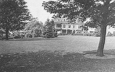 an old black and white photo of a tree in front of a large house