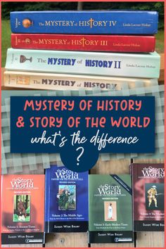 books stacked on top of each other with the title mystery of history and story of the world