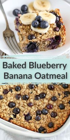 baked blueberry banana oatmeal in a white dish with a fork on the side