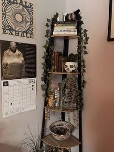 there is a shelf with books and plants on it