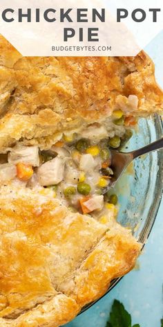 a chicken pot pie on a plate with a fork in it and text overlay