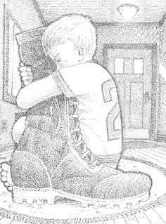 a black and white drawing of a boy in boots