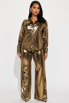 Shine Bright Metallic Pant Set - Gold | Fashion Nova, Matching Sets | Fashion Nova Metallic Pant, Channel Ideas, Gold Pants, Metallic Pants, Metal Clothing, Metallic Fabric, Wide Leg Pant, Performance Outfit, Shirt Long Sleeve