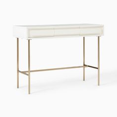 a white and gold desk with two drawers on one side, against a white background